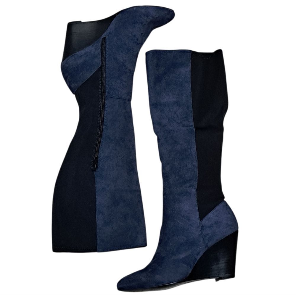 Charles By Charles David Easel Point Toe Knee High Suede Wedge Boots Sz 6.5 Blue
